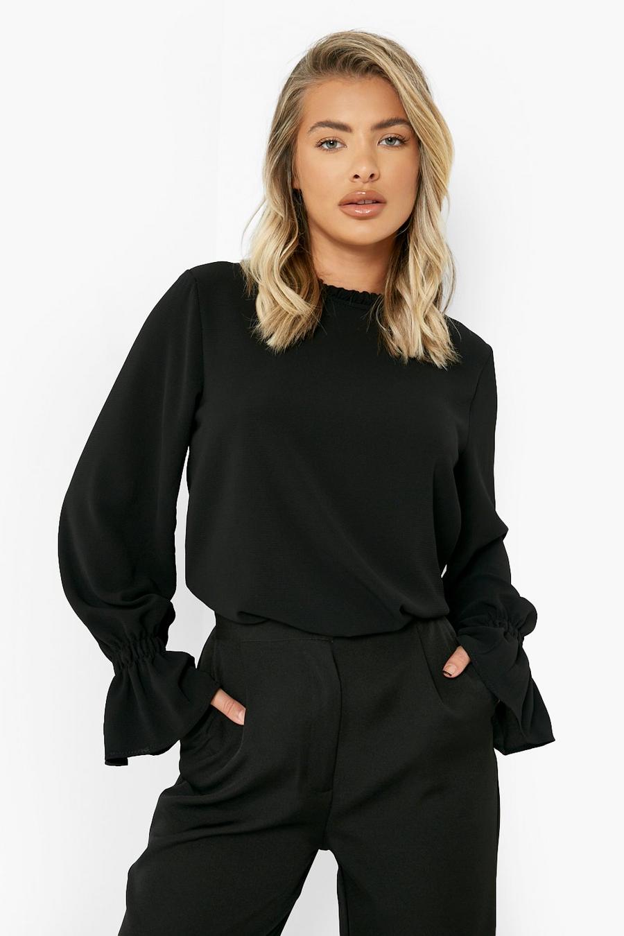 Black Ruffle Neck Flared Cuff Blouse image number 1