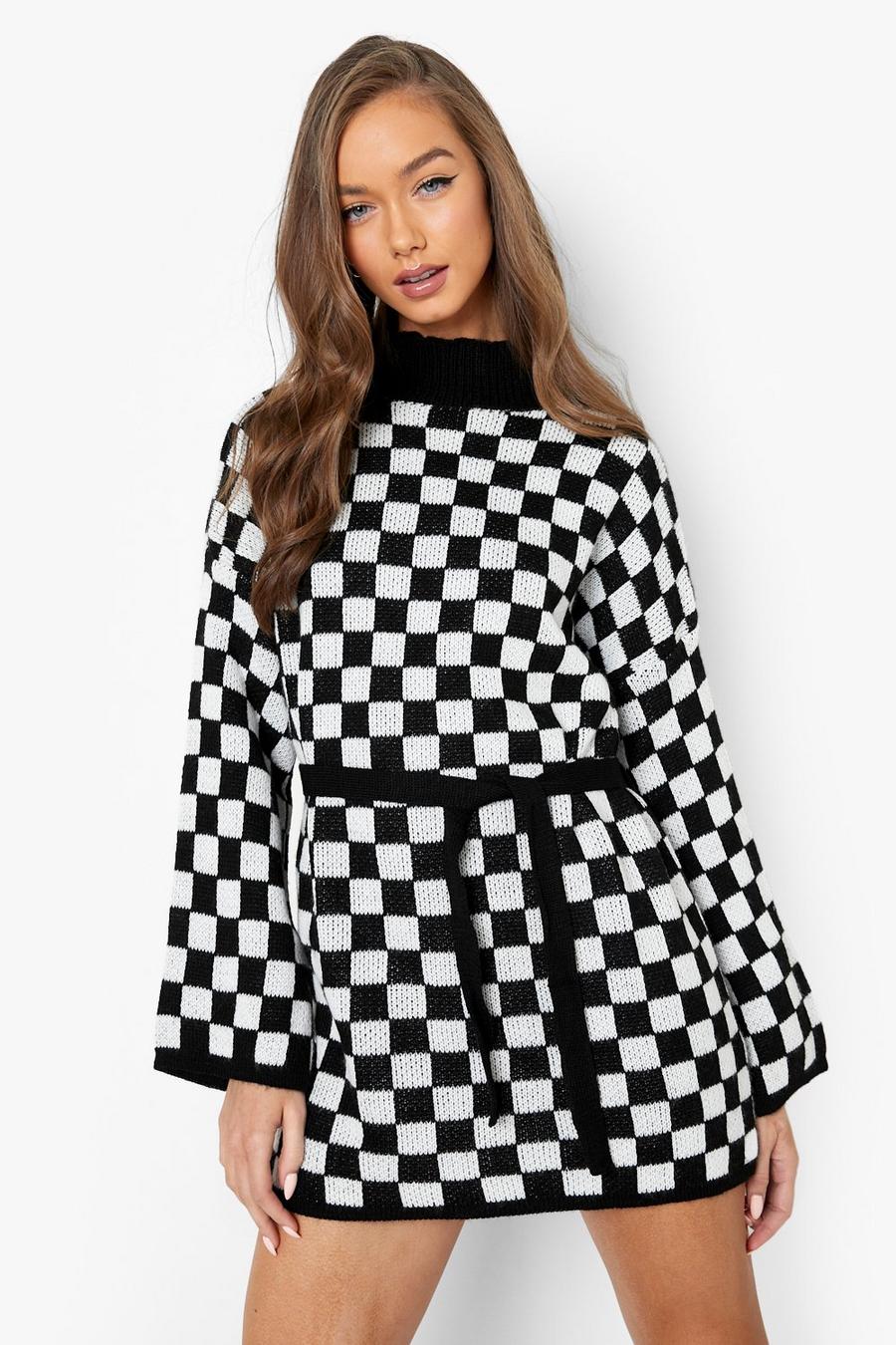 Black Oversized Belted Check Knitted Dress image number 1