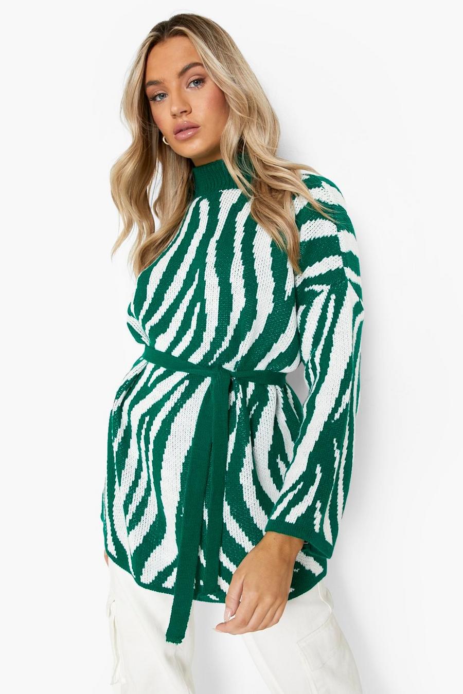 Green Oversized Belted Zebra Print Sweater image number 1