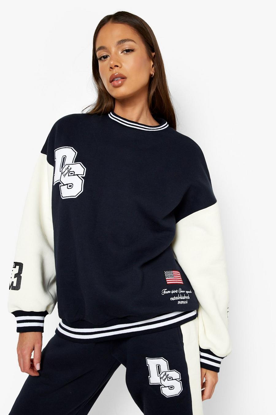 Navy Applique Badge Oversized Colour Block Sweater image number 1