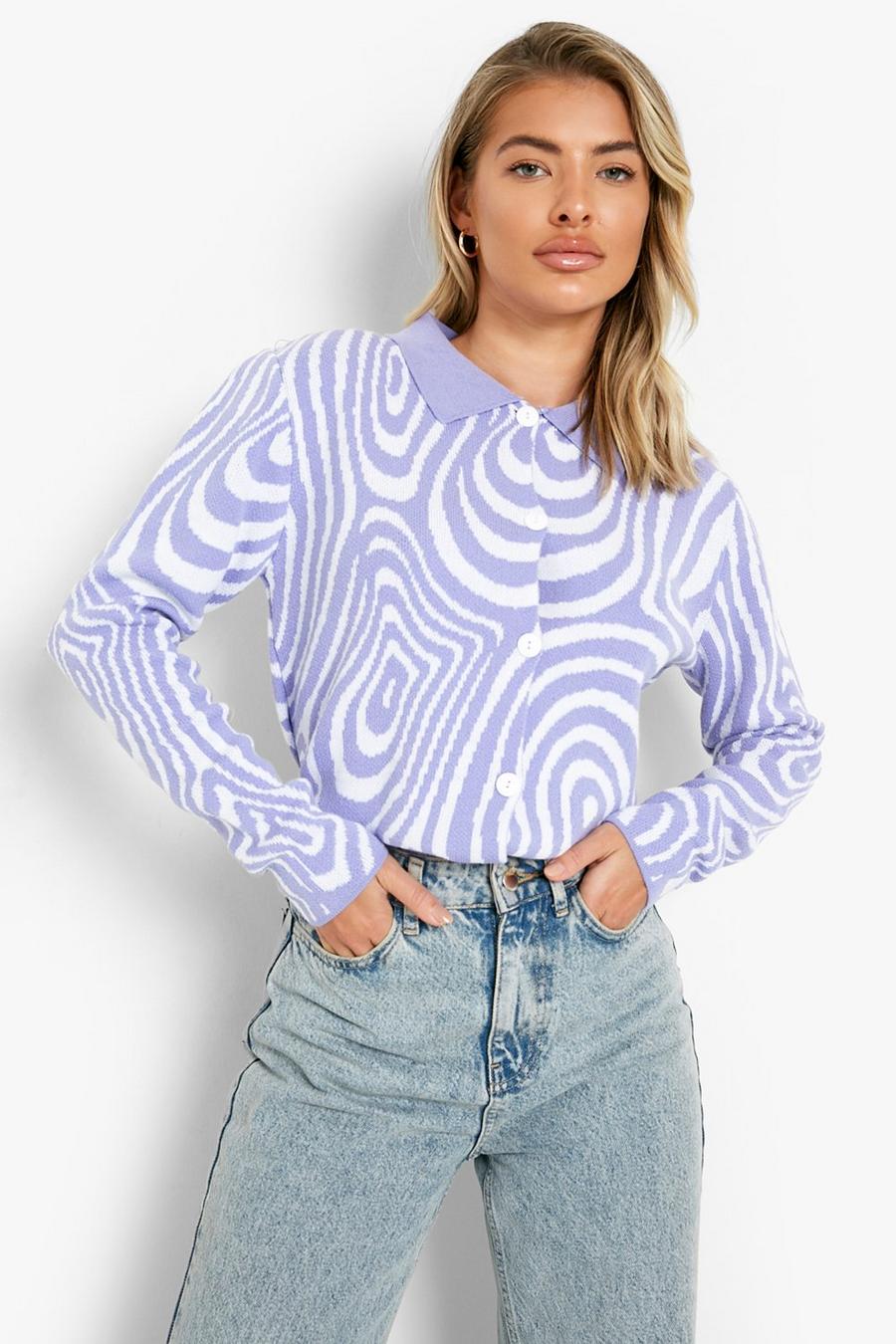 Purple Swirl Print Collar Cardigan