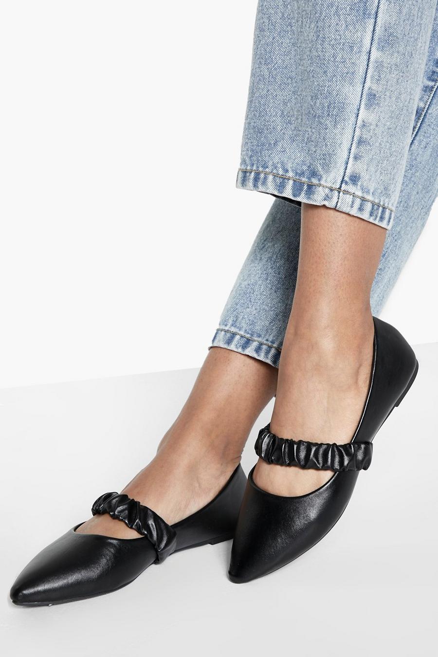 Black Pointed Toe Ruched Detail Ballet Flats