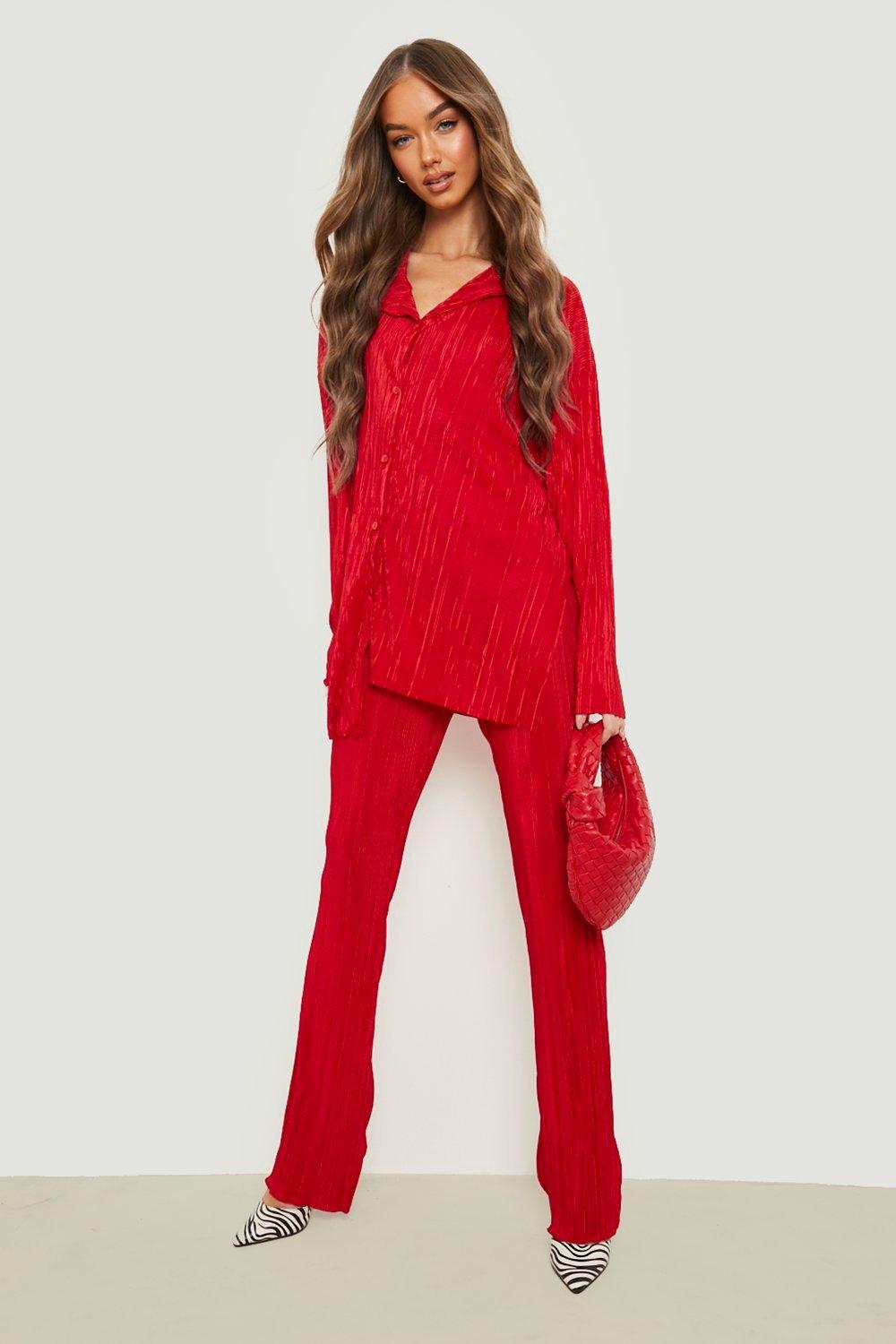 Red Plisse Satin Flared Trouser