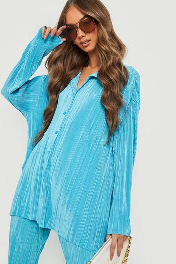 Plisse Oversized Relaxed Fit Shirt aqua