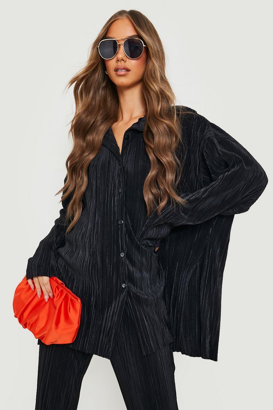 Black Plisse Oversized Relaxed Fit Shirt  image number 1