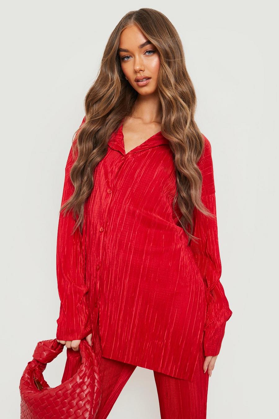 Red Plisse Oversized Relaxed Fit Shirt