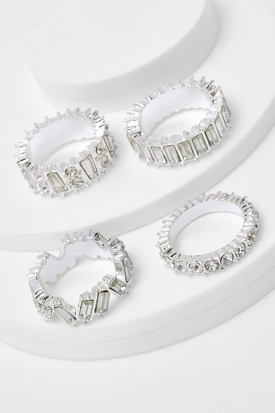 Silver Diamante Textured 4 Pack Rings image number 1