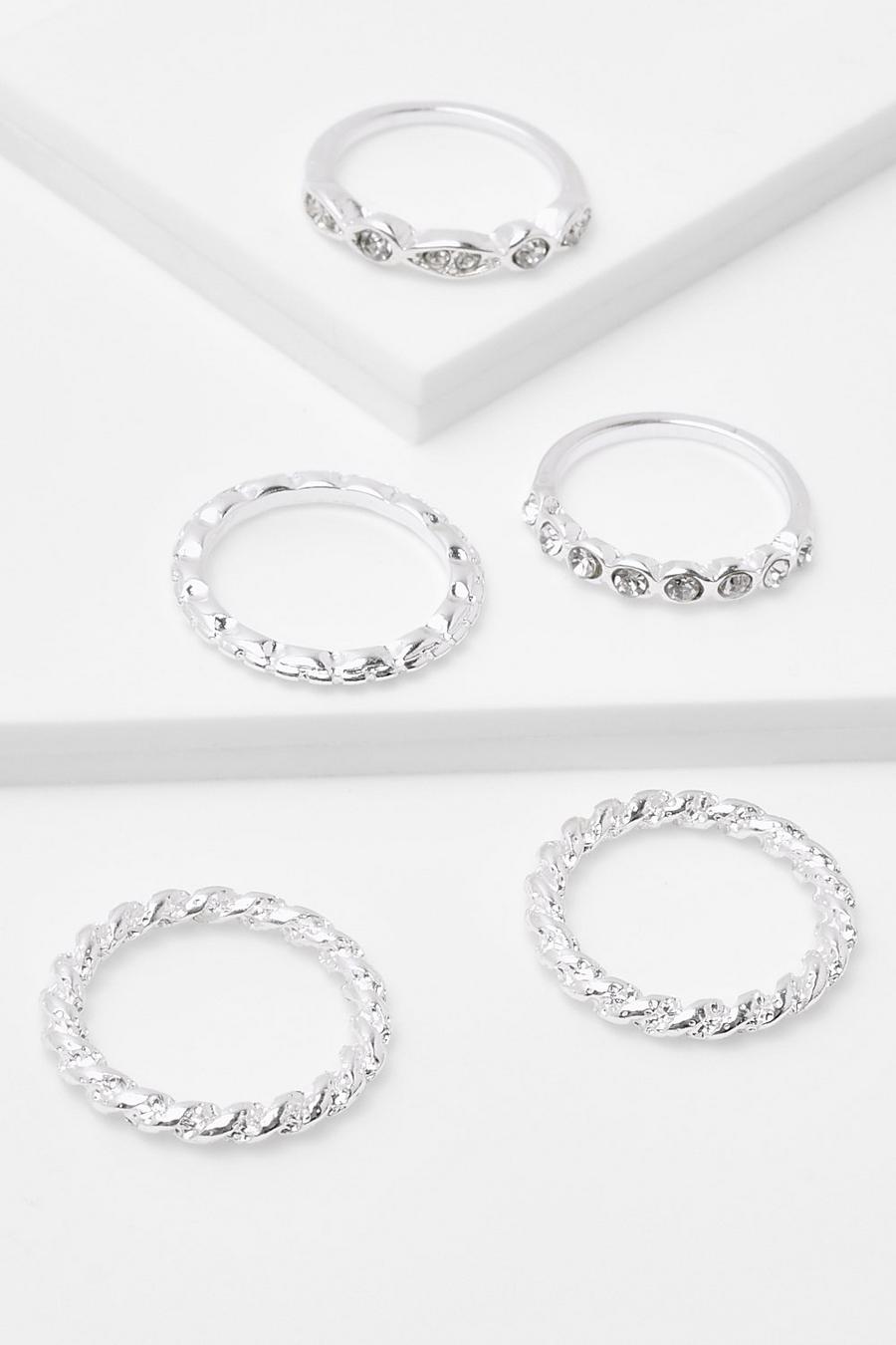 Silver Diamante Stacking 5 Pack Rings image number 1