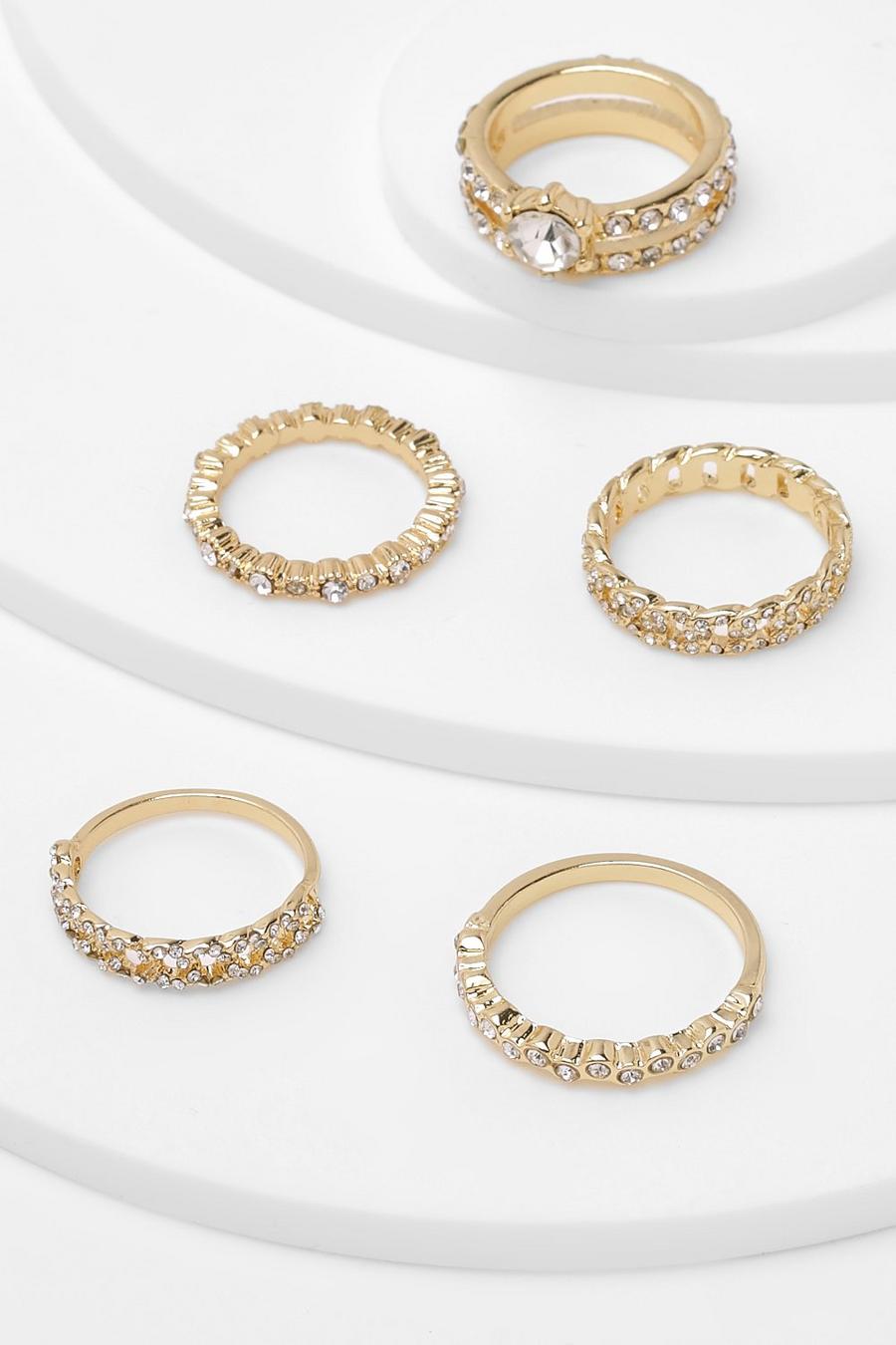 Gold Mixed Diamante Ring Stacking Pack image number 1