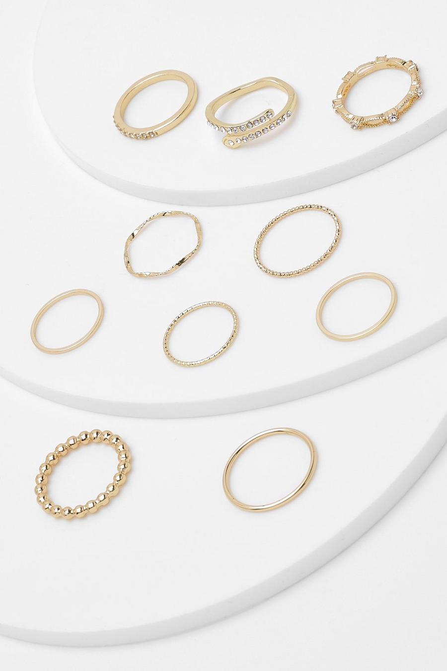 Gold 10 Pack Mixed Diamante Stacking Rings image number 1