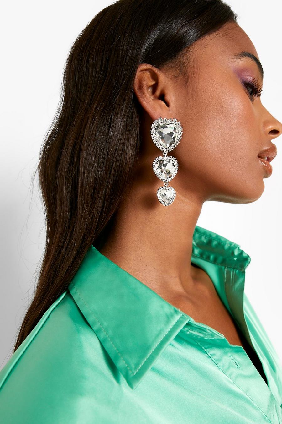 Silver Diamante Heart Shaped Drop Earrings image number 1