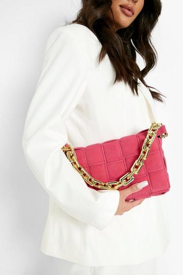Pink Quilted Weave Clutch Bag With Chain