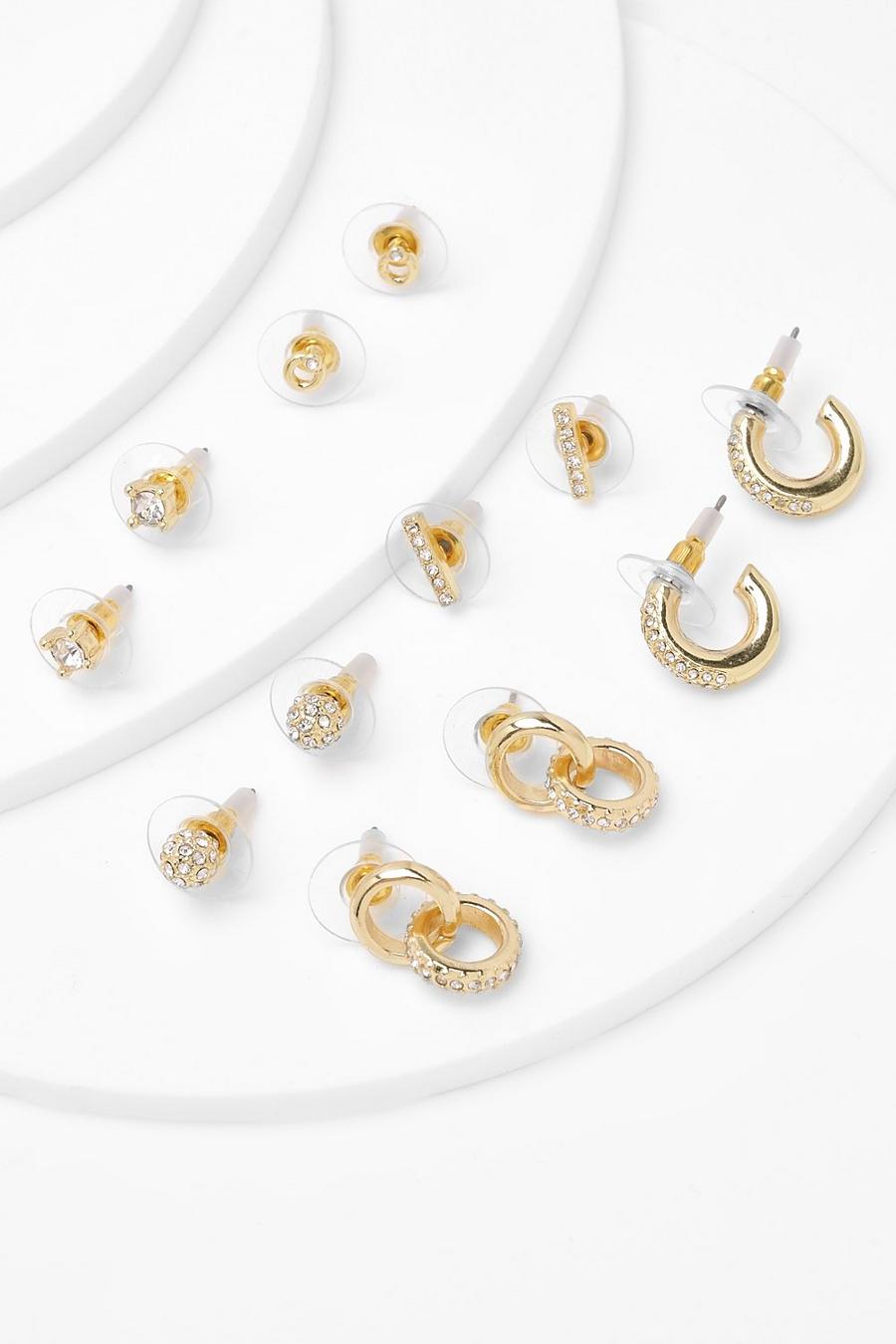 Gold Diamante Mixed Hoop Stud Earring Pack image number 1