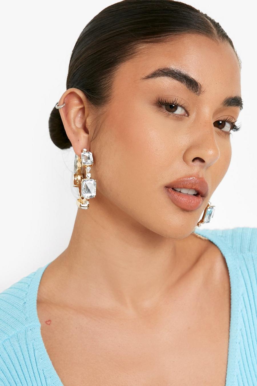 Gold Chain Diamante Hoop Earrings image number 1