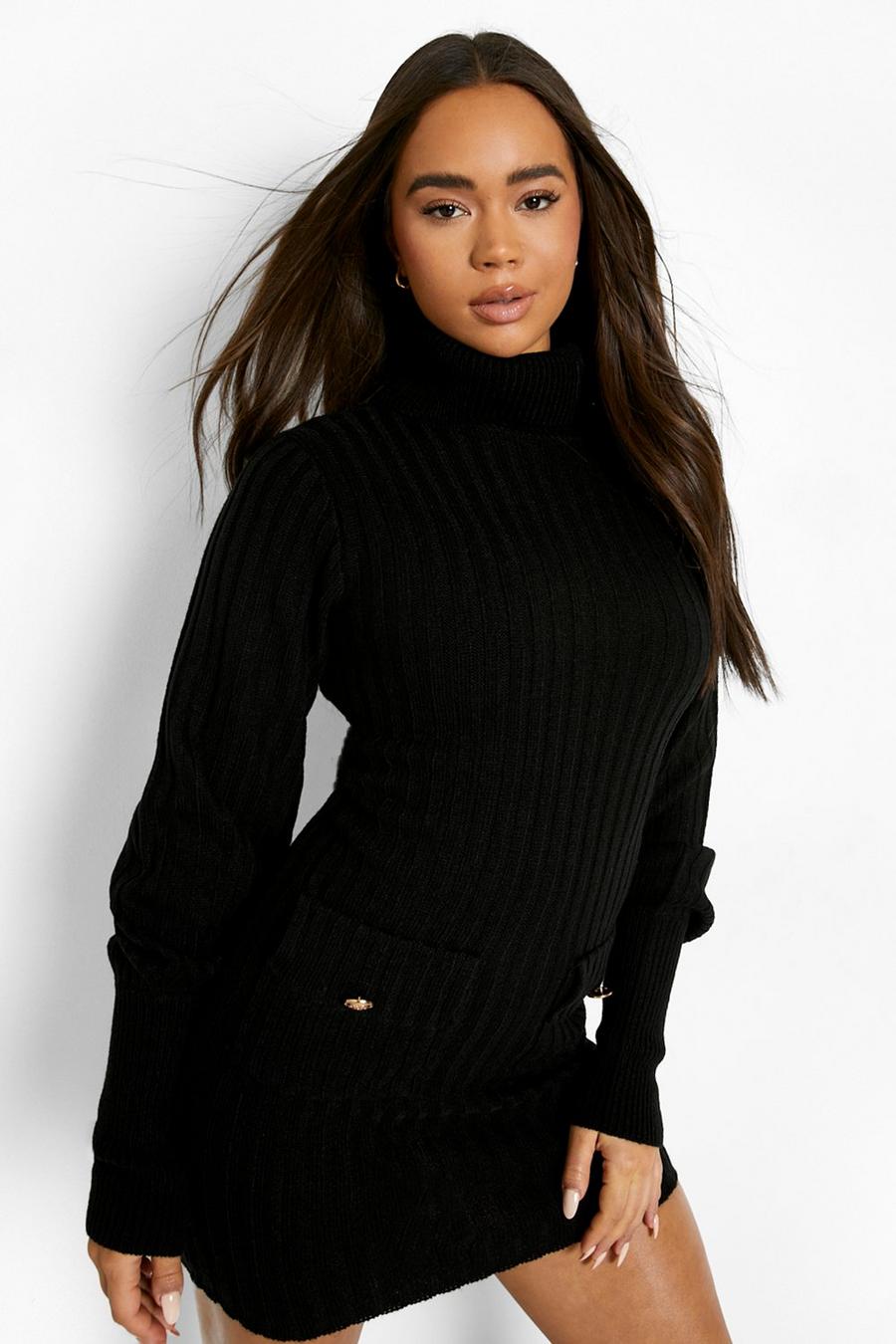 Black Turtle Neck Knitted Dress With Button Detail