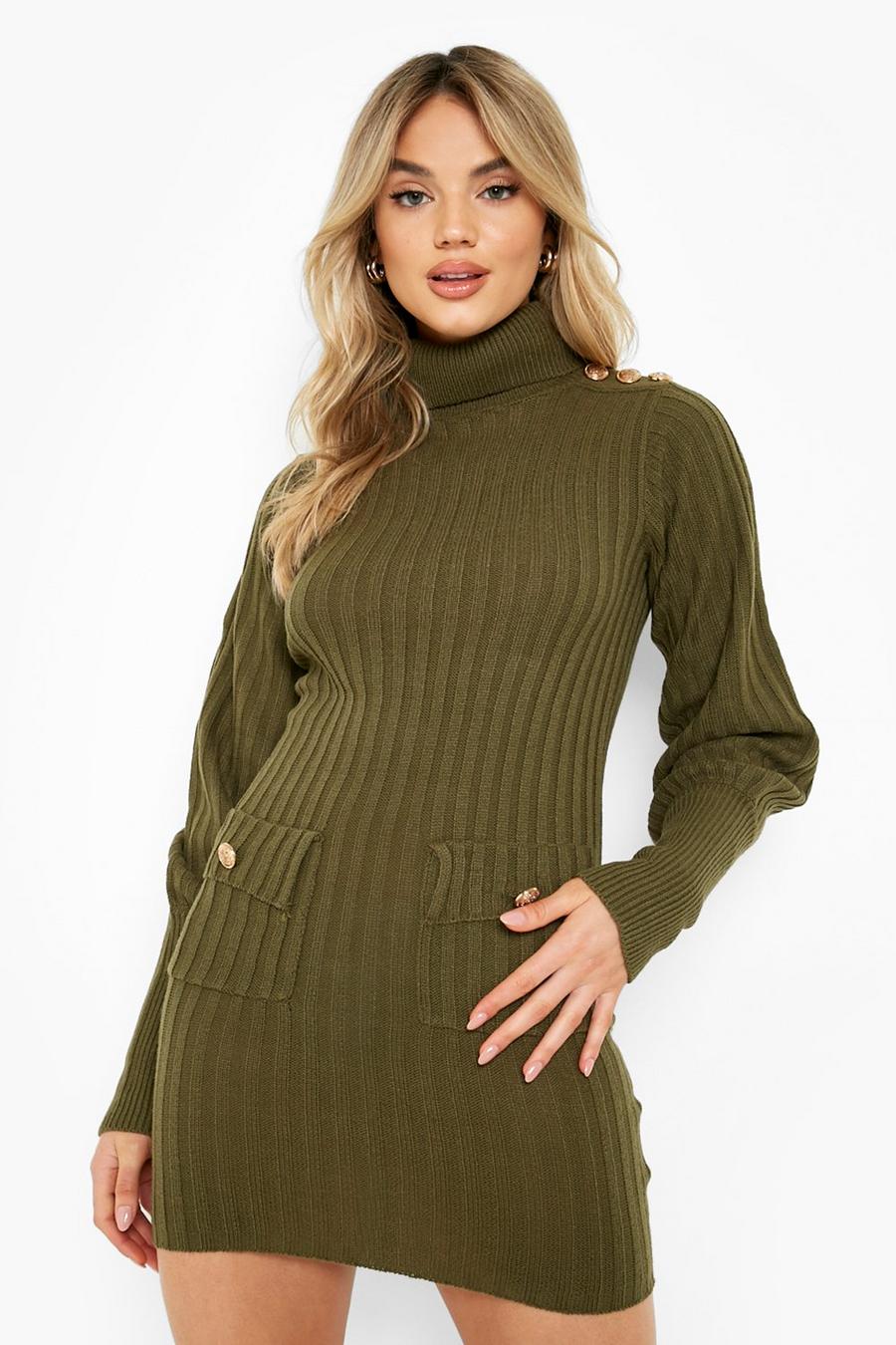 Khaki Turtle Neck Knitted Dress With Button Detail image number 1