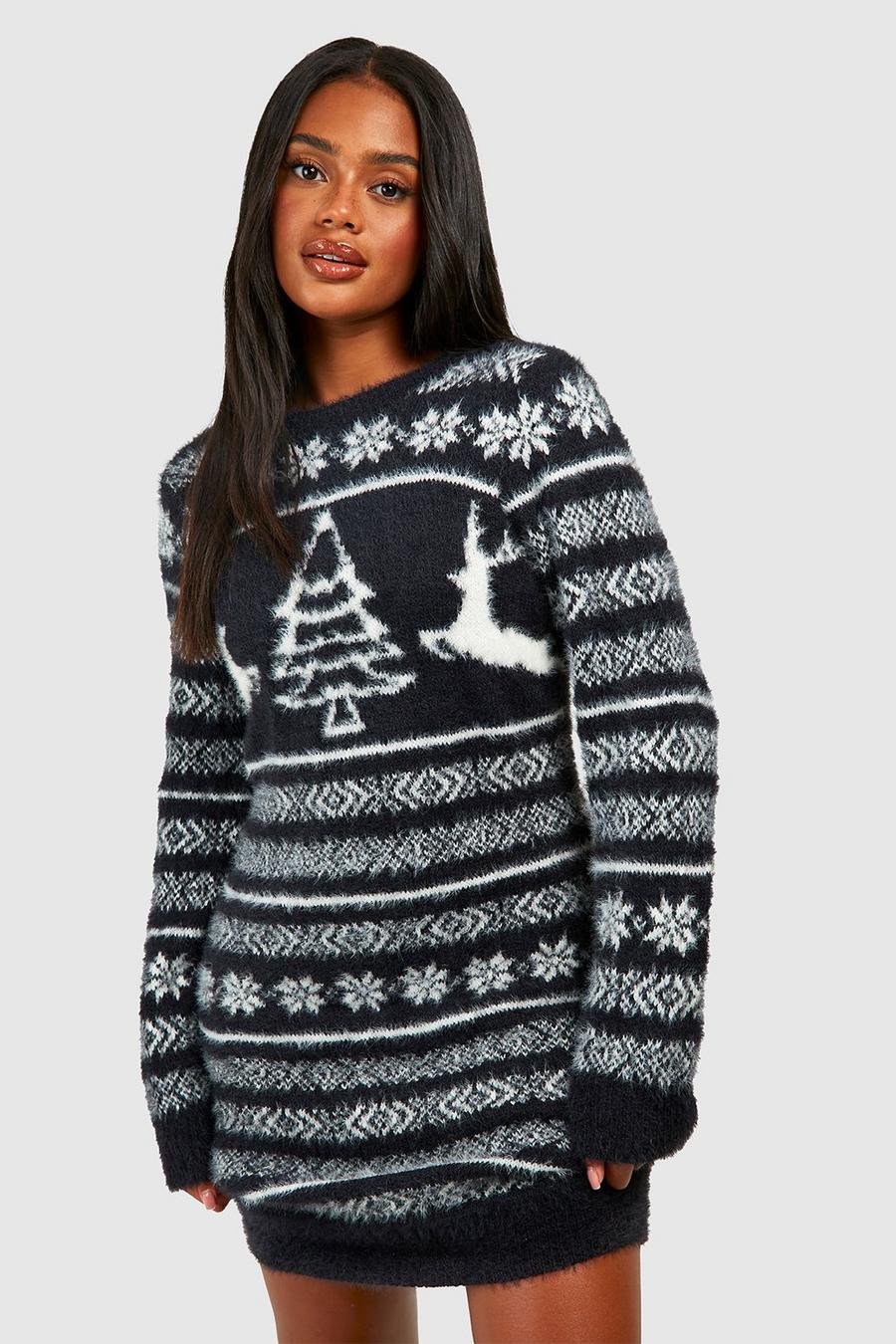 Black Christmas Fluffy Knitted Jumper Dress image number 1