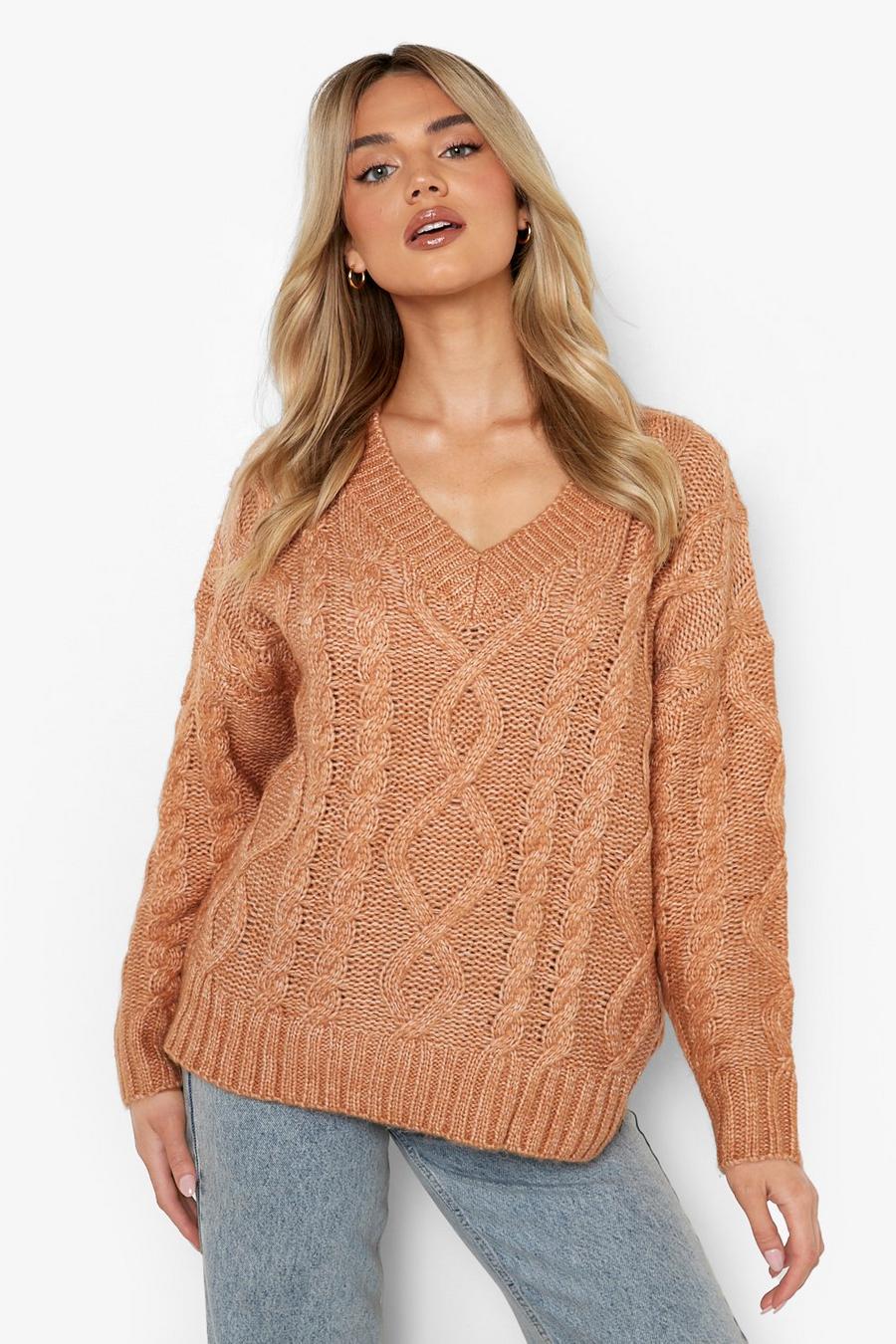 Camel beige Oversized Cable Knitted V Neck Sweater