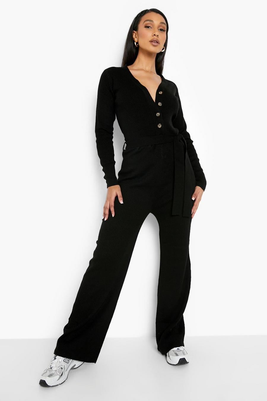 Black Knitted Long Sleeve Jumpsuit With Tie Waist image number 1