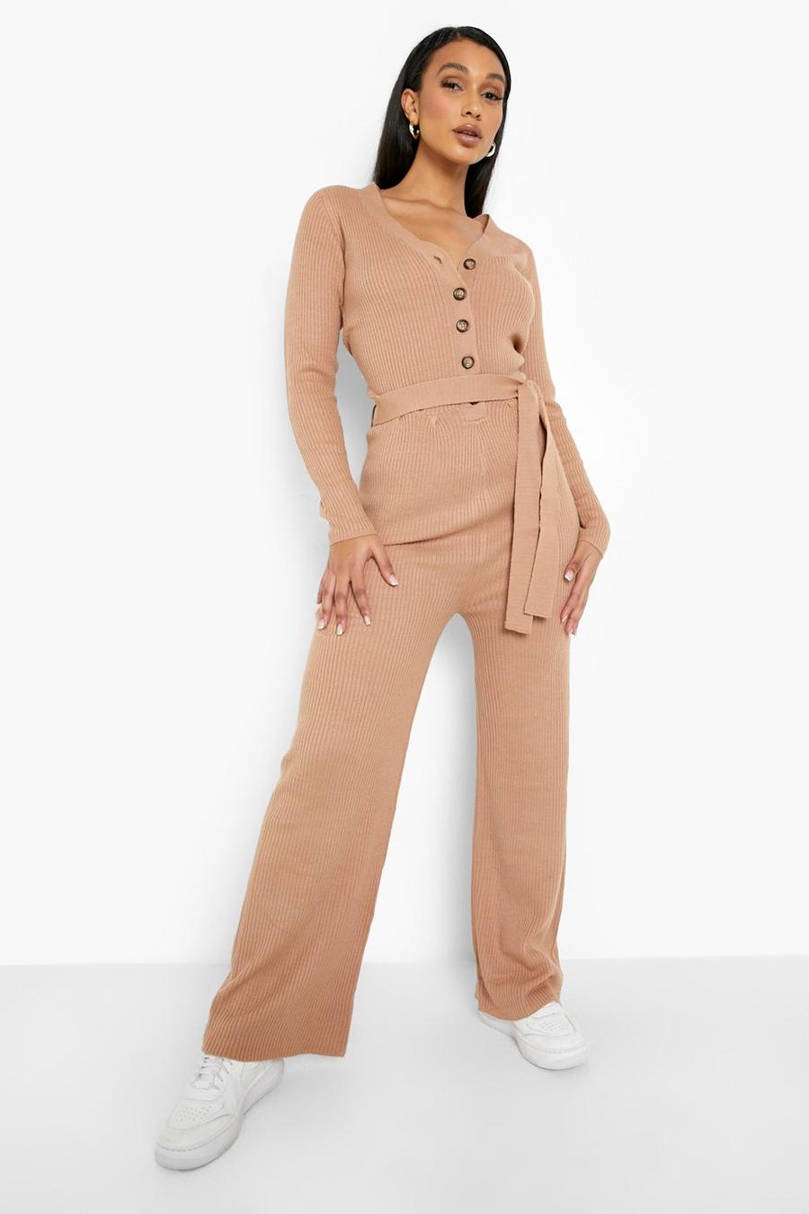 Camel Knitted Long Sleeve Jumpsuit With Tie Waist image number 1