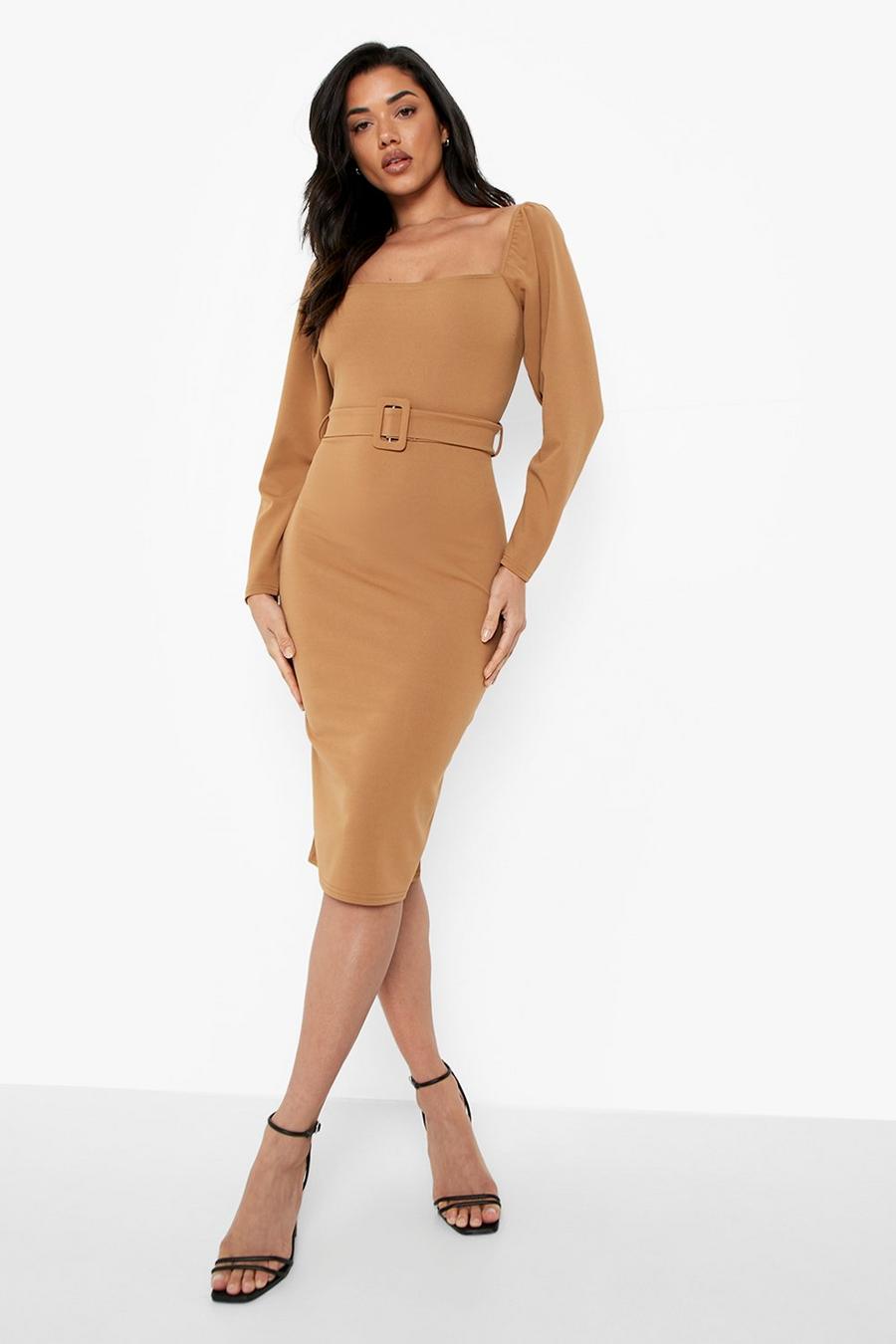 Camel Square Neck Puff Sleeve Belted Midi Dress image number 1