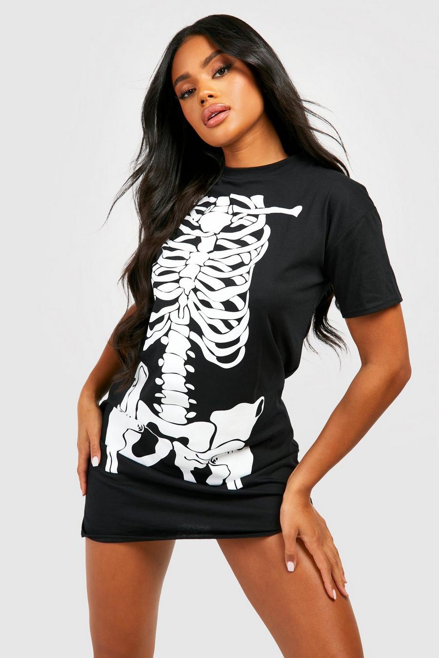 Black Halloween Skeleton Graphic T-Shirt Dress