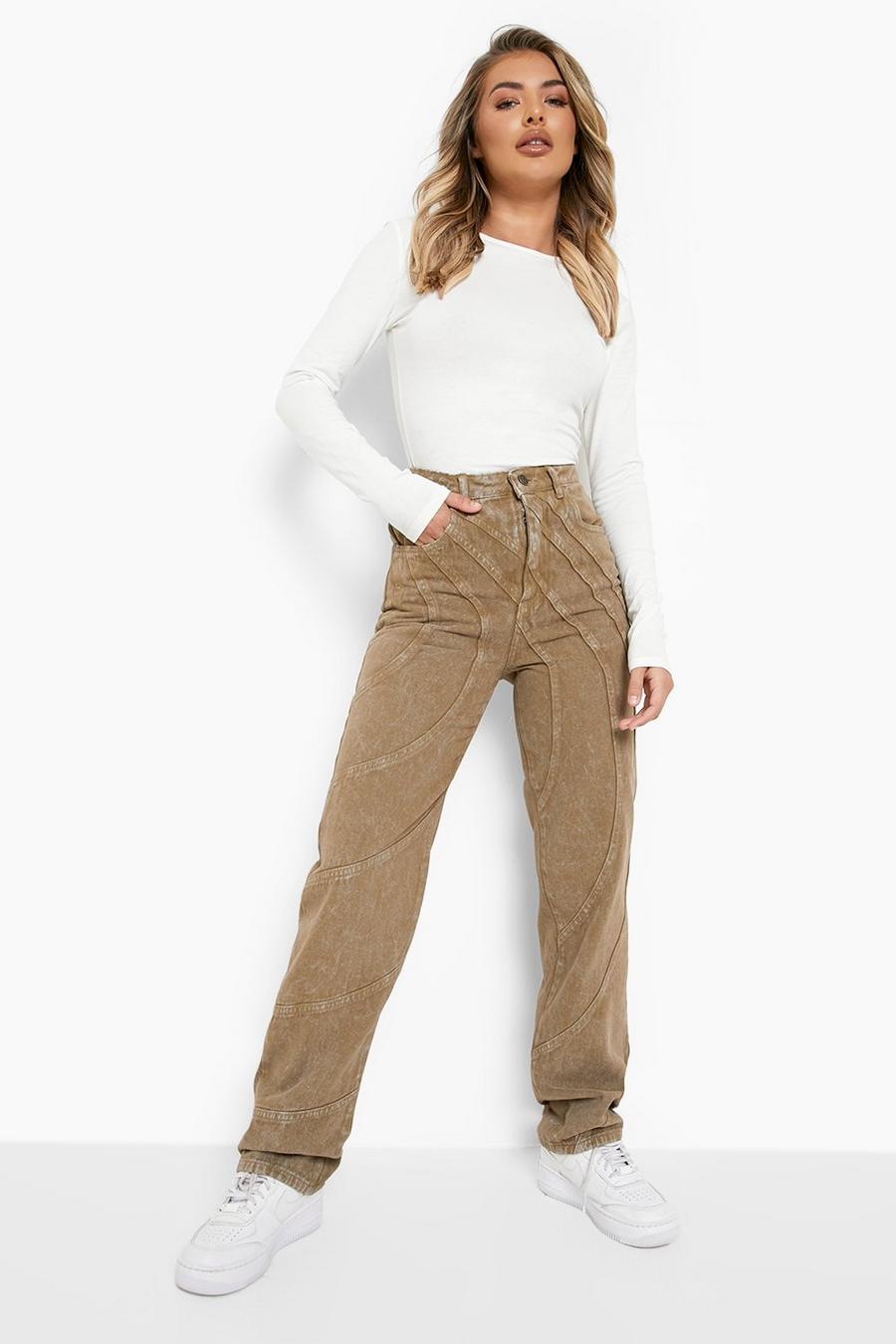 Brown Straight Leg Jeans With Curved Seam Detail image number 1