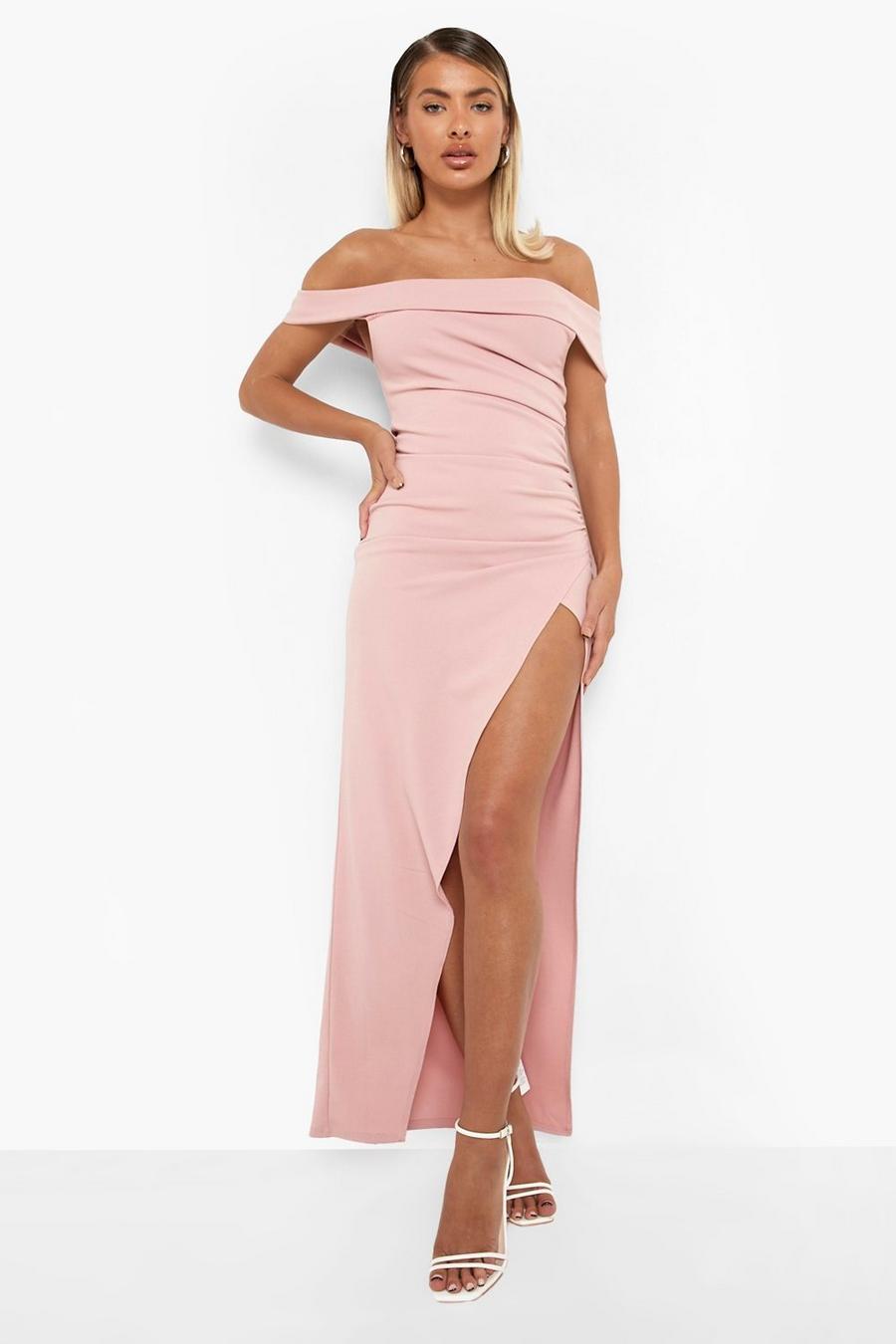 Soft pink Ruched Asymmetric Bardot Maxi Dress image number 1