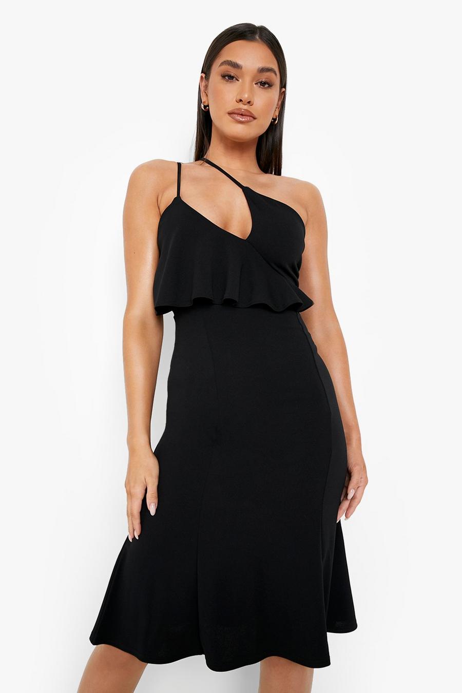 Black שמלת סקייטר מידי אסימטרית עם מלמלה image number 1