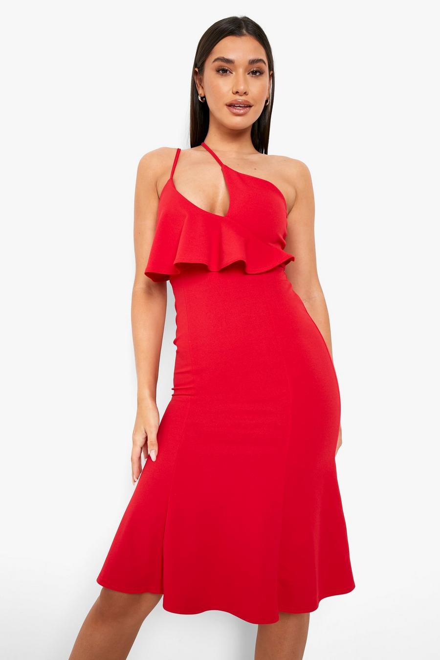 Red שמלת סקייטר מידי אסימטרית עם מלמלה image number 1