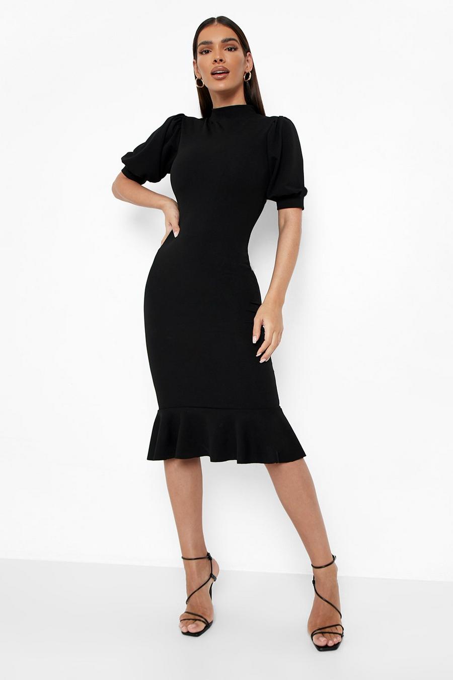 Black Puff Sleeve Peplum Hem Midi Dress image number 1