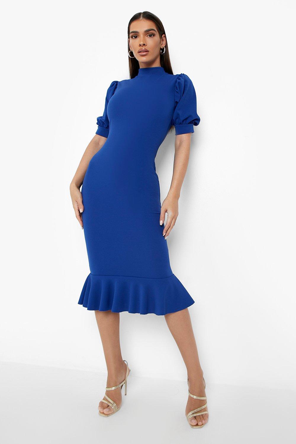 Women's Puff Sleeve Peplum Hem Midi Dress