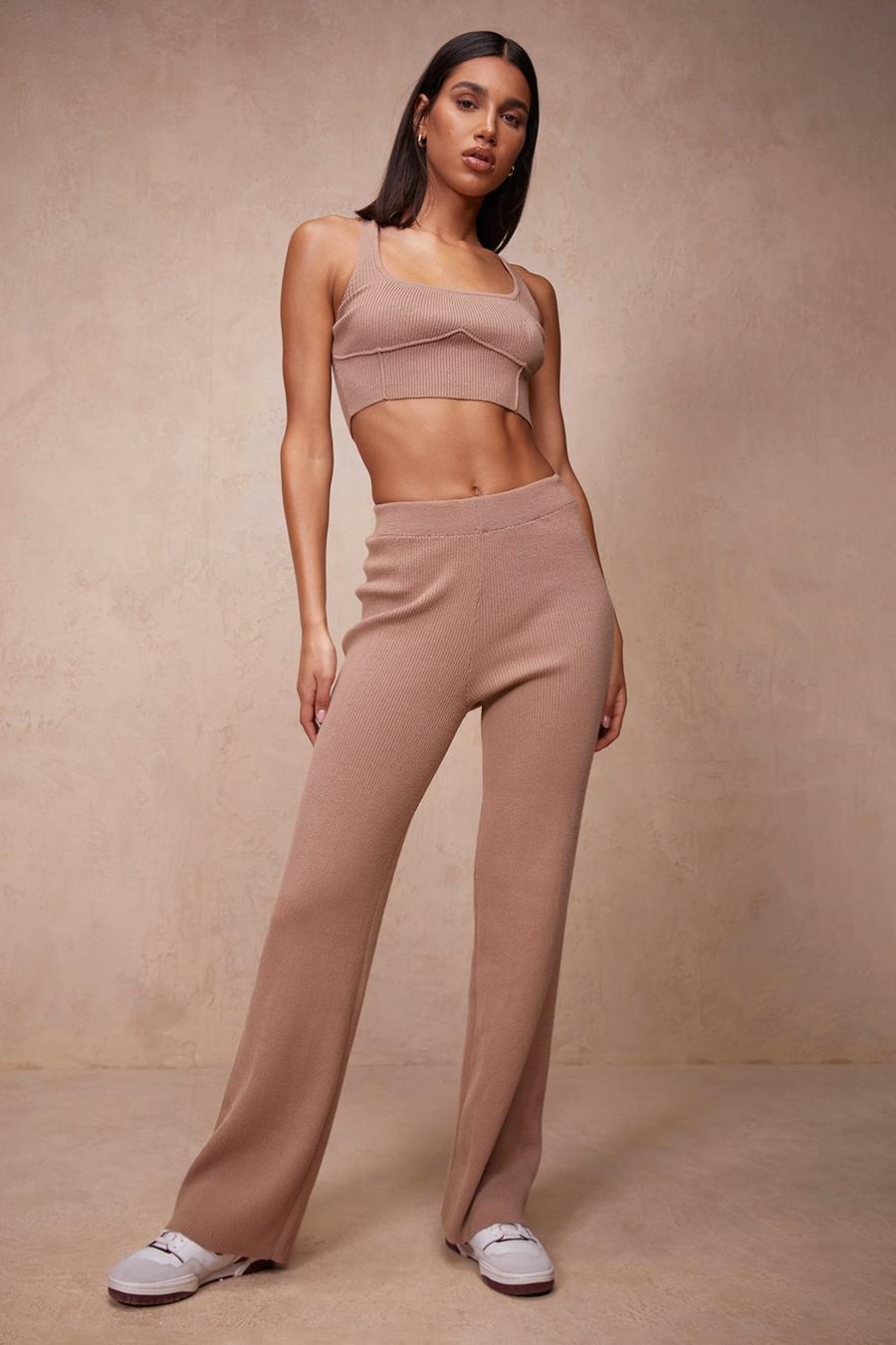 Mocha Contour Crop And Extreme Wide Leg Knitted Set image number 1