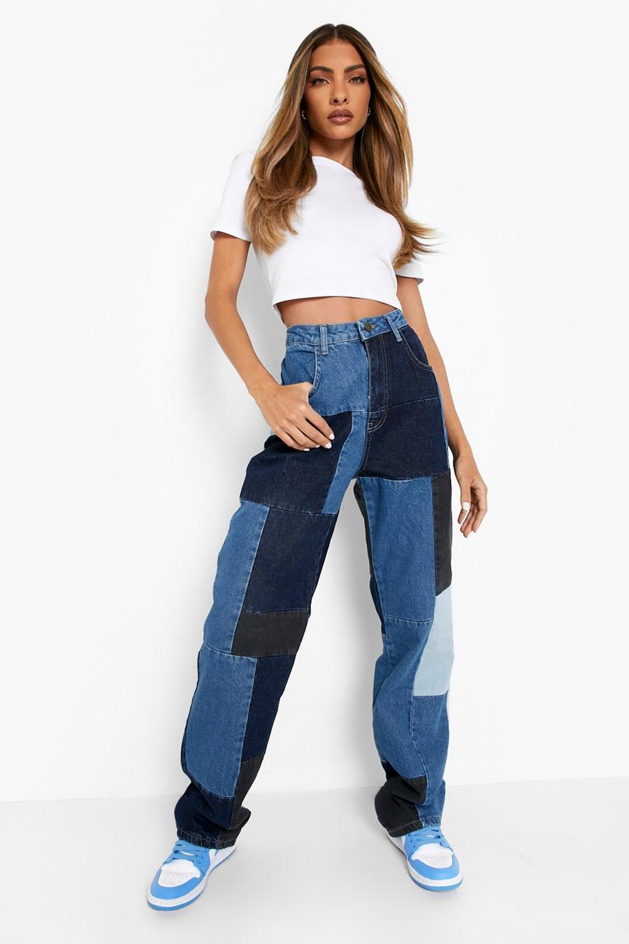 Jean boyfriend effet patchwork à taille haute, Dark blue image number 1