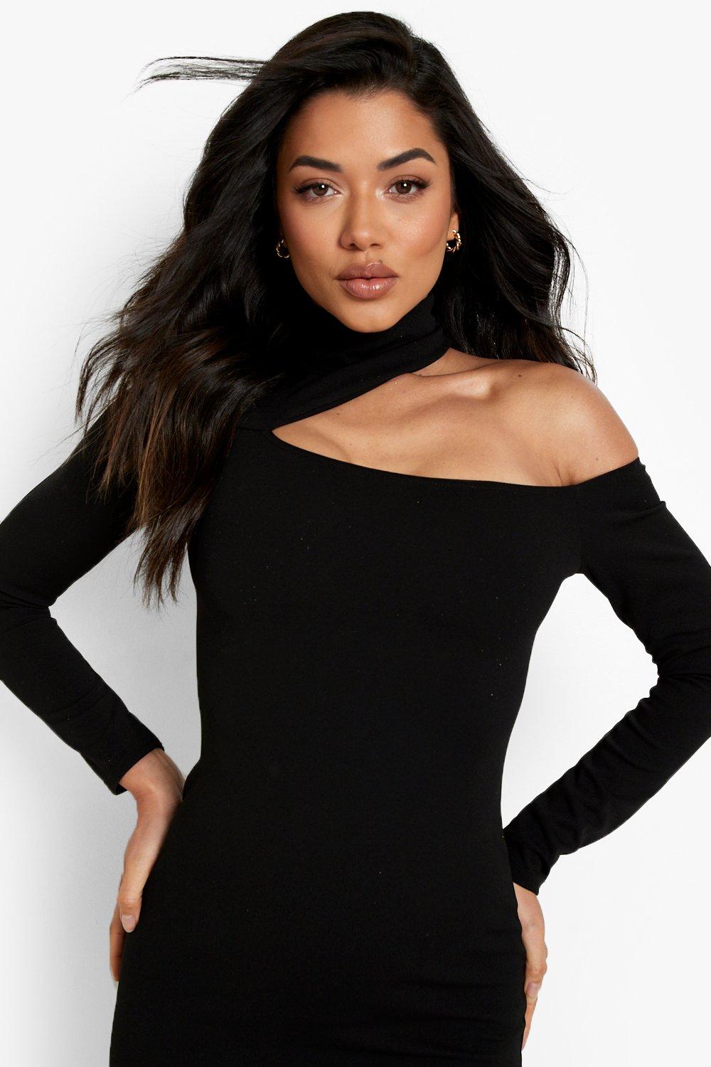 Black asymmetric sleeve cut on sale out split leg maxi dress