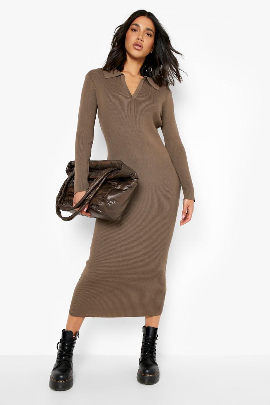 Chocolate brun Polo Collar Rib Knitted Midi Dress
