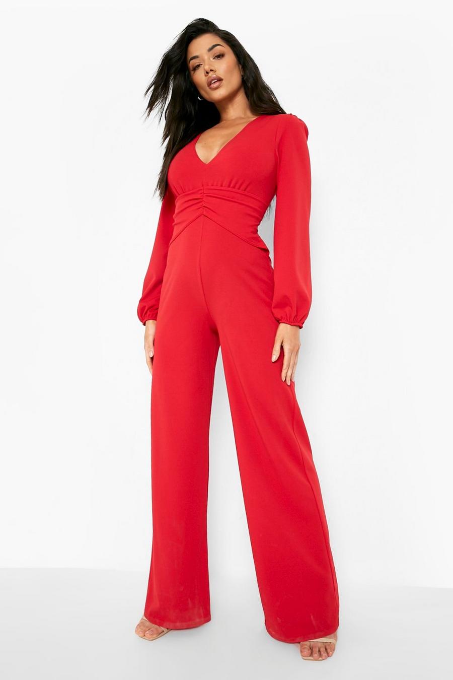 Red Ruched Plunge Wide Leg Jumpsuit