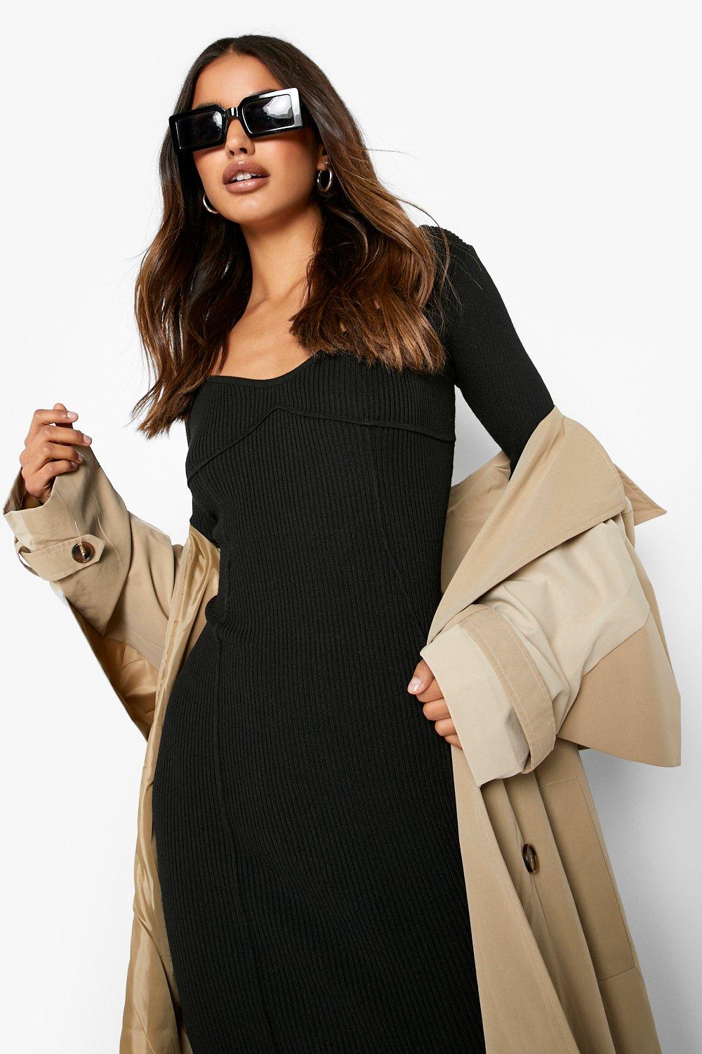 Contour Ribbed High Neck Knitted Midi Dress