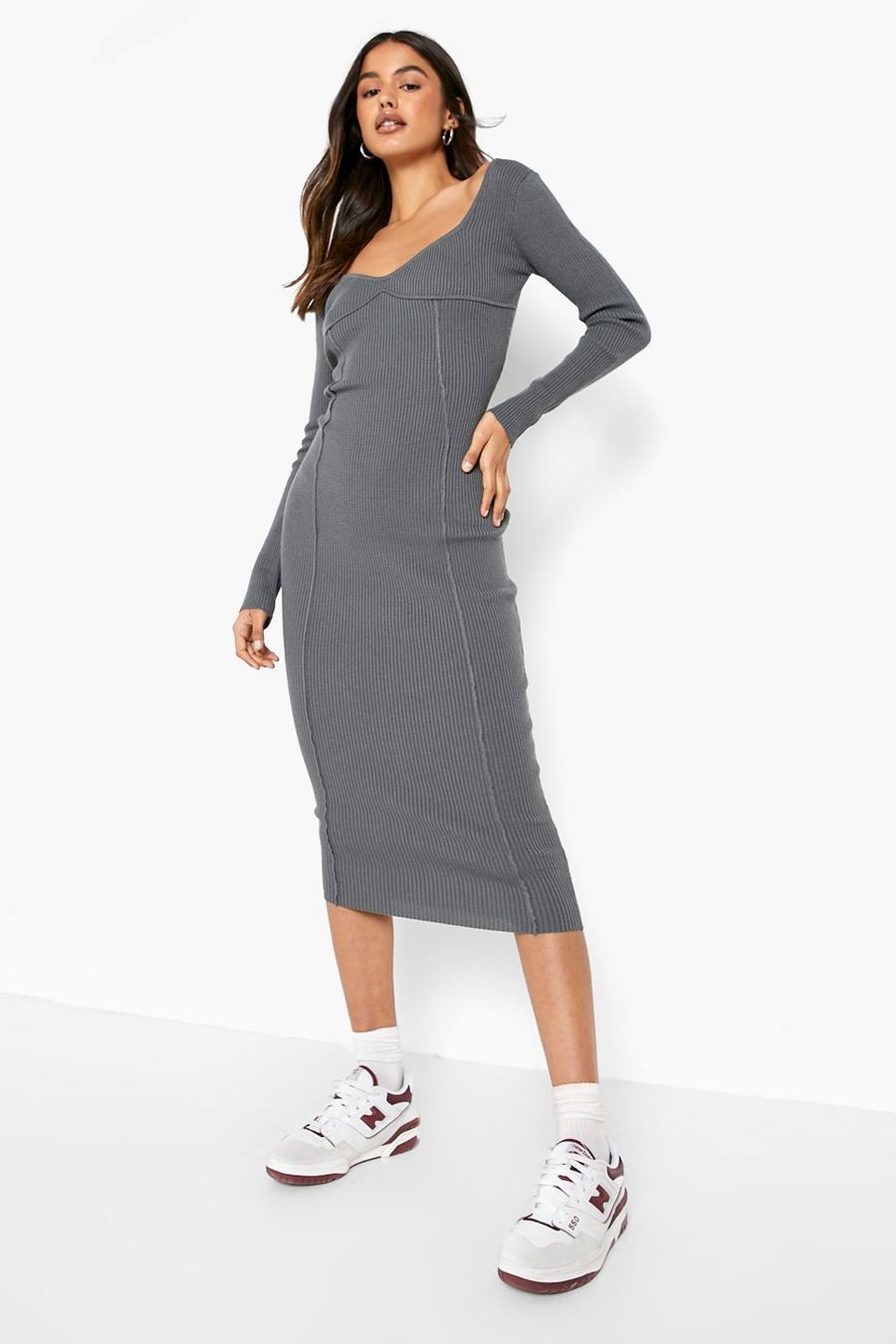 Charcoal grå Contour Rib Knitted Midi Dress