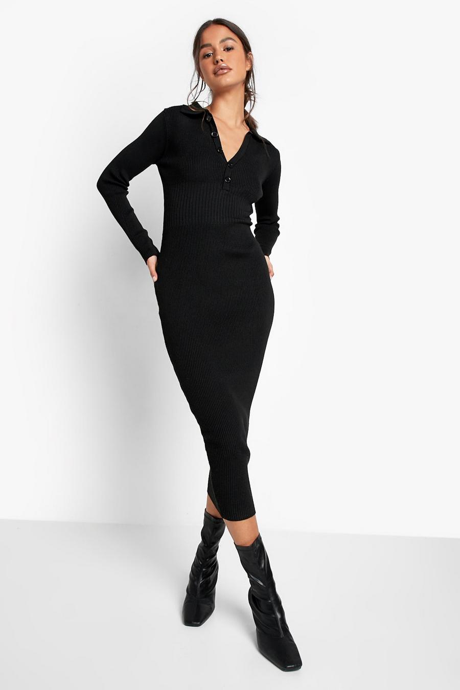 Black Contrast Rib Polo Collar Knitted Midi Dress image number 1