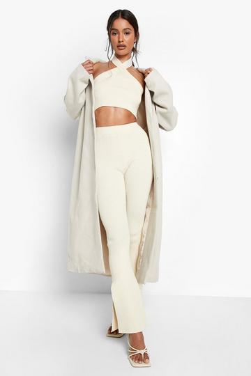 Ecru White Halterneck And Split Leggings Knitted Set