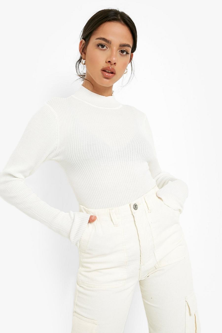Ivory white High Neck Rib Knitted Top image number 1
