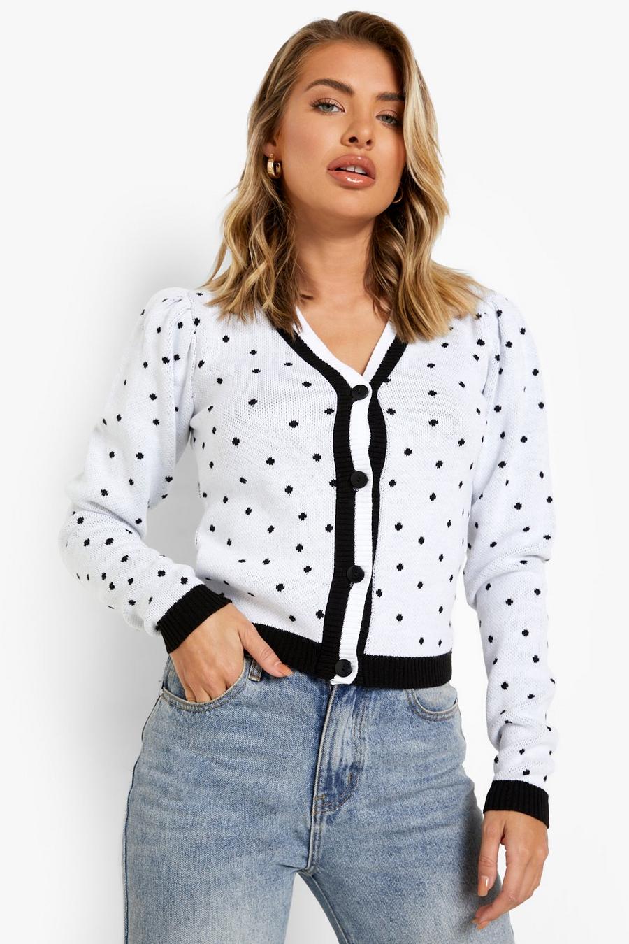 Ivory Polka Dot Puff Sleeve Cardigan image number 1