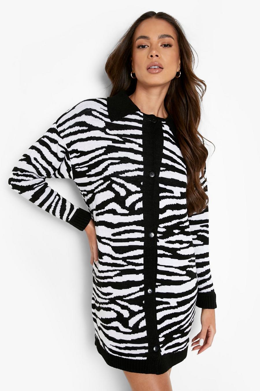 Black schwarz Zebra Print Knitted Shirt Dress image number 1