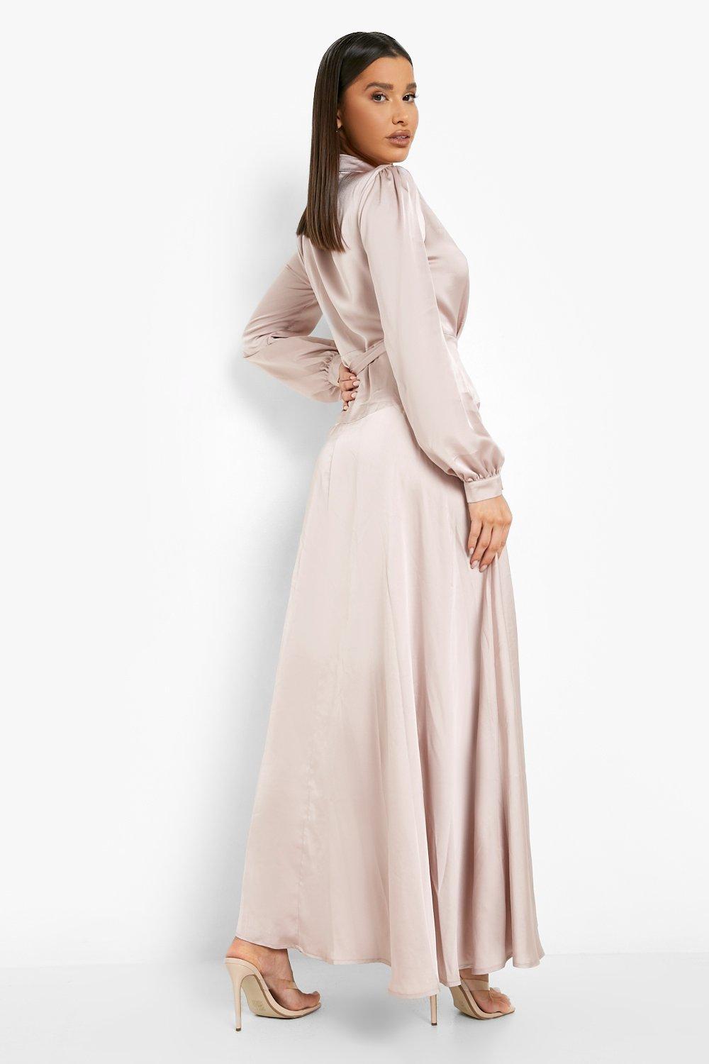 Maxi Long Sleeve Satin Wrap Dress