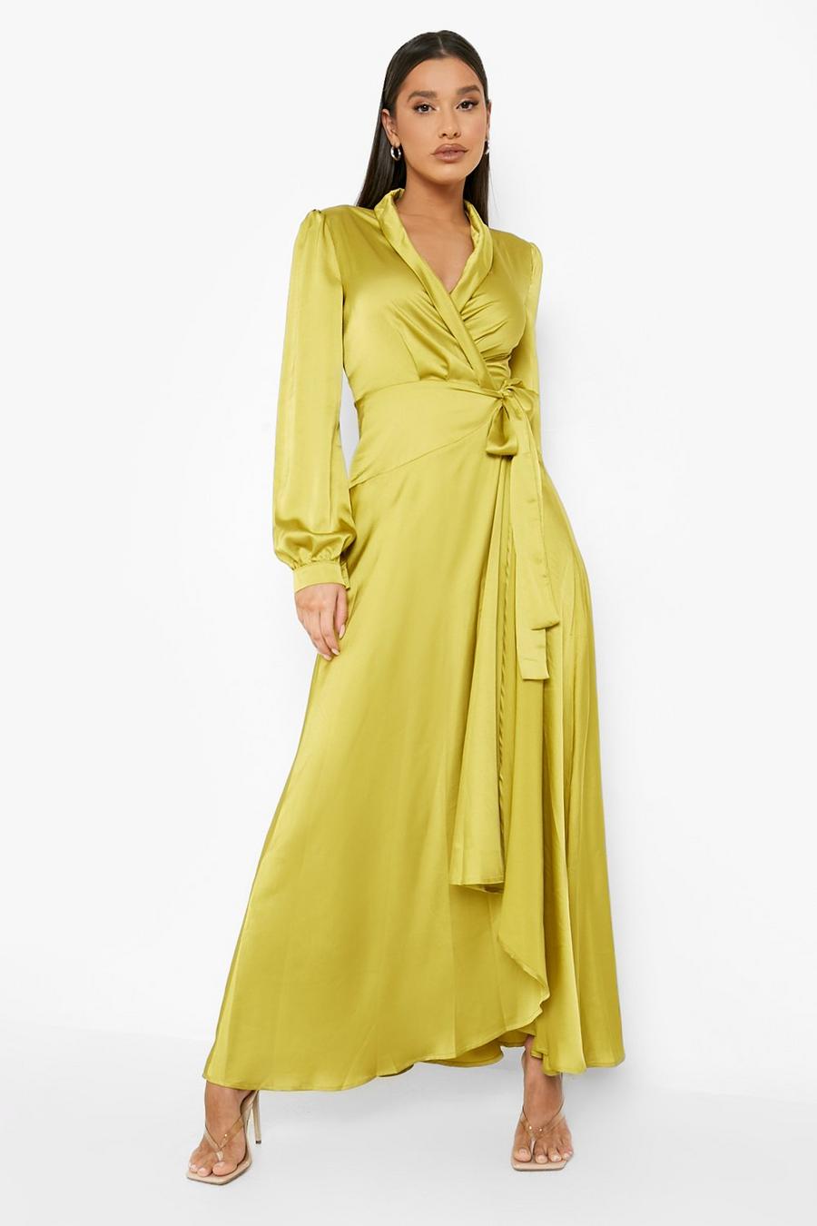 Olive Satin Wrap Belted Maxi Dress image number 1