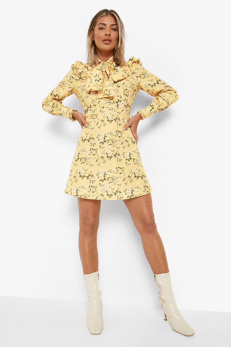 Yellow Floral Tie Neck Frill Detail Skater Dress image number 1