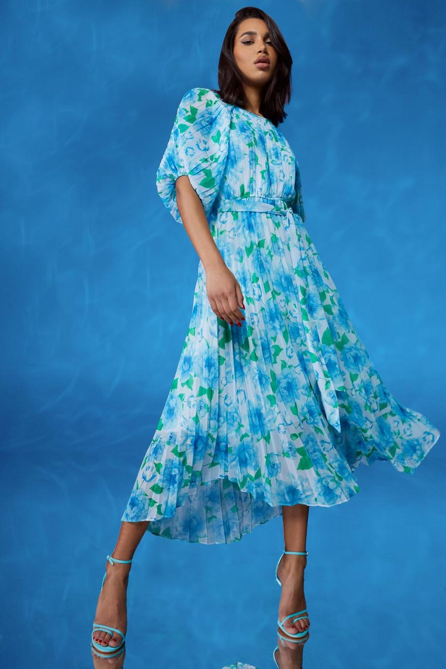Blue azul Floral Pleated Puff Sleeve Midi Dress