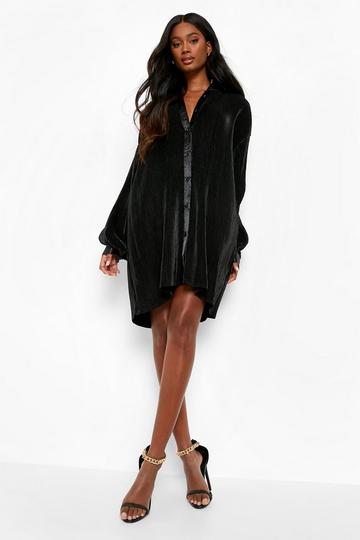 Premium Plisse Oversized Shirt Dress black