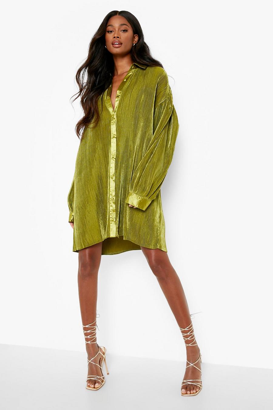 Premium Plisse Oversize Hemd-Kleid, Olive green